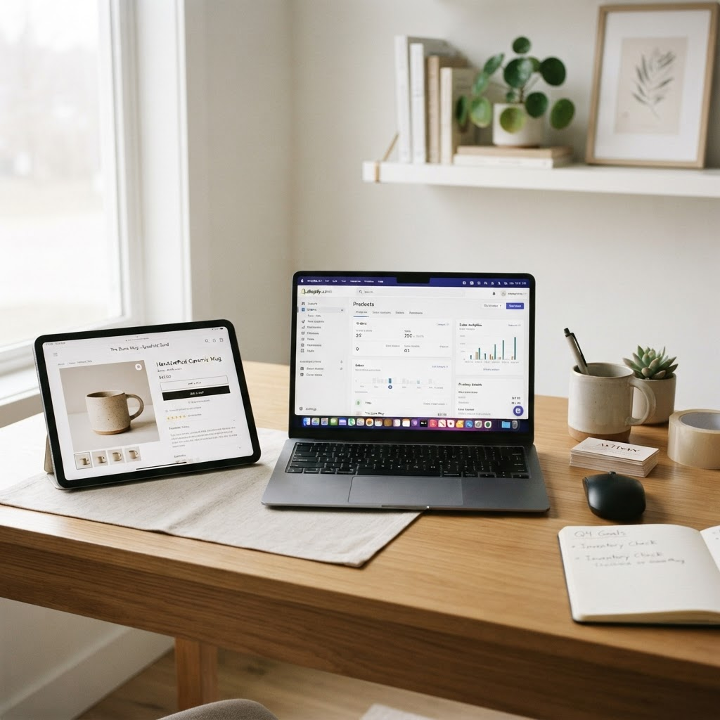 A tablet and laptop showing an online marketplace listing
