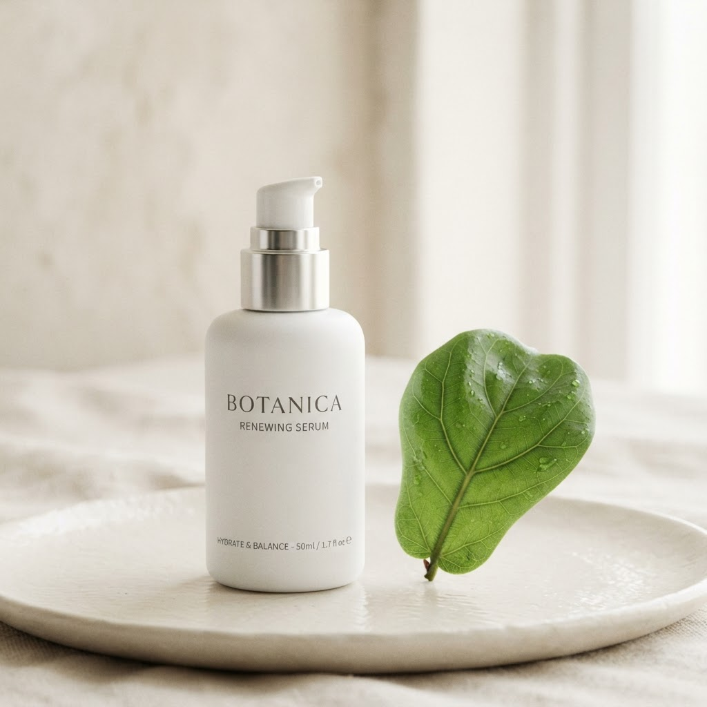 A white cosmetic bottle beside a green leaf